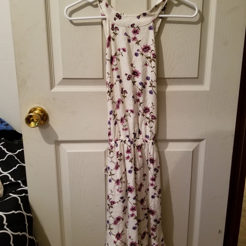 Ivory Floral High Neck Cross Back Dress